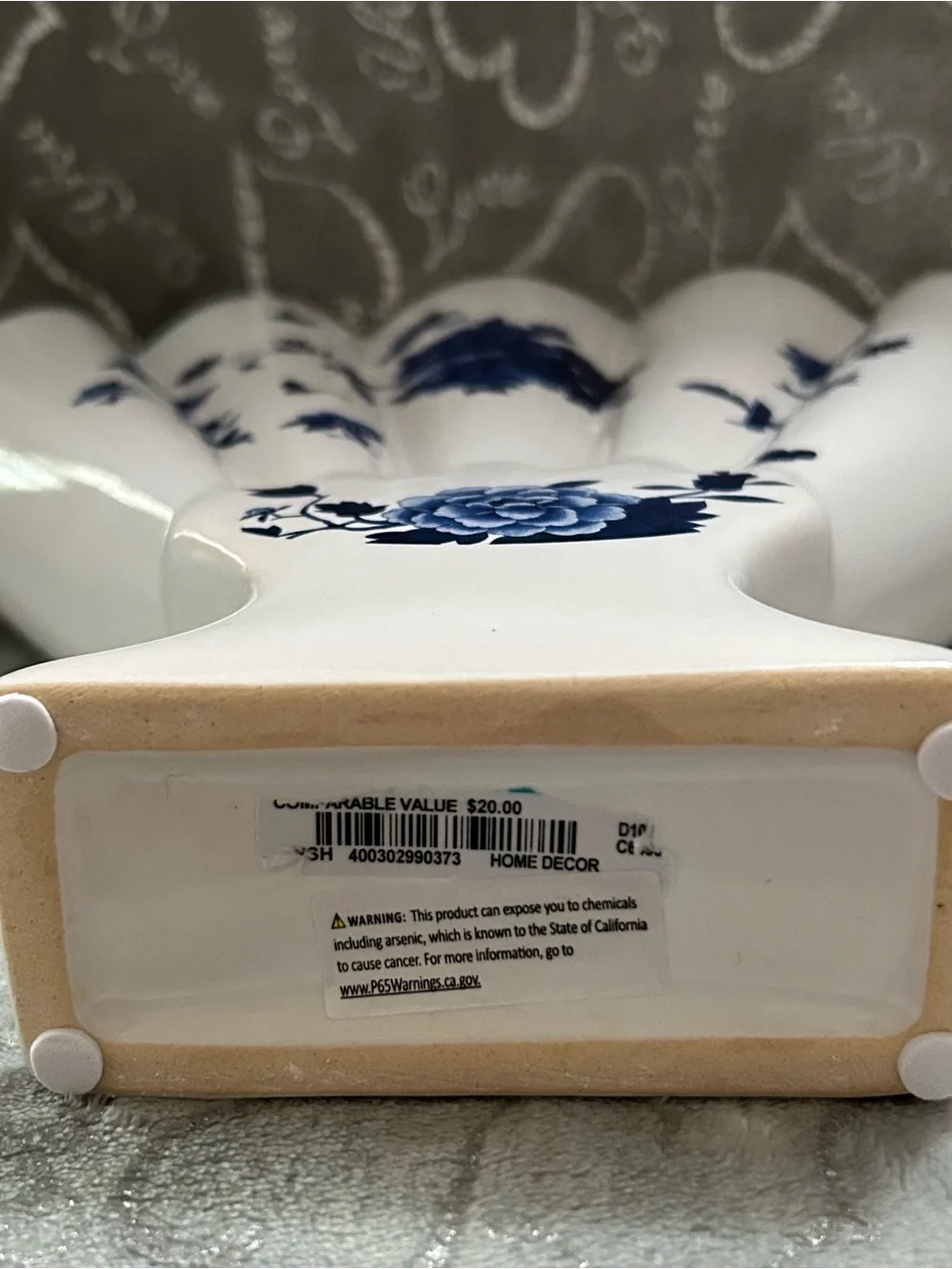 NWT Timeless Beauty White Ceramic Fan Vase with Blue Floral Motif